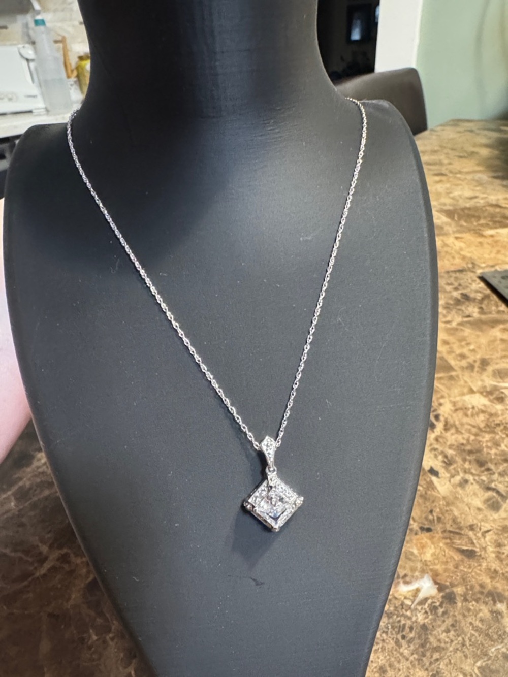 Sterling Silver Square Halo Pendant Necklace - White